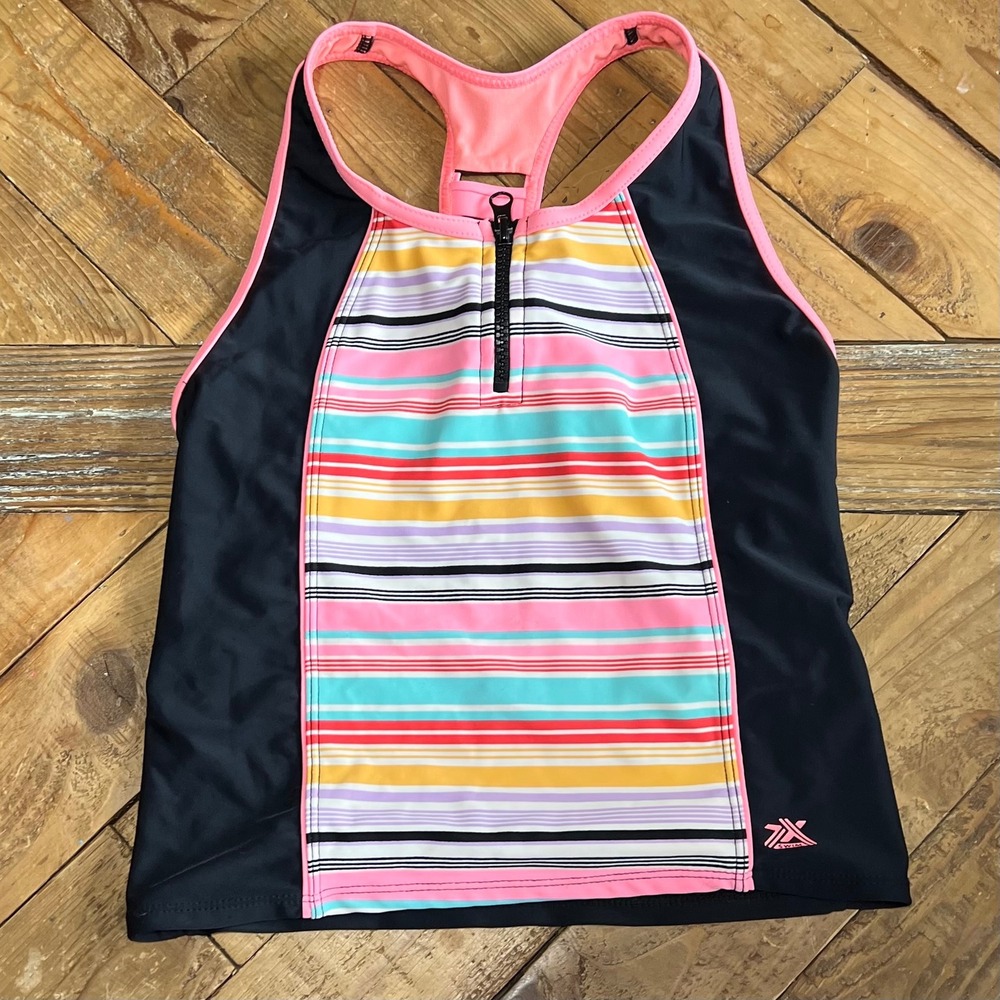 ZeroXposur Youth 14 Swim Top Tankini Rash Guard Colorful‎ Stripes Pink Black